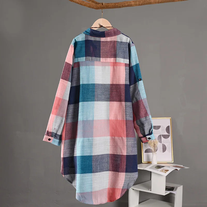 Women's Plaid Shirt Casual Blouses Woman Tops for Women Long Sleeve Long Sleeve Shirts Chic Blouse Check Linen Cotton Clothing