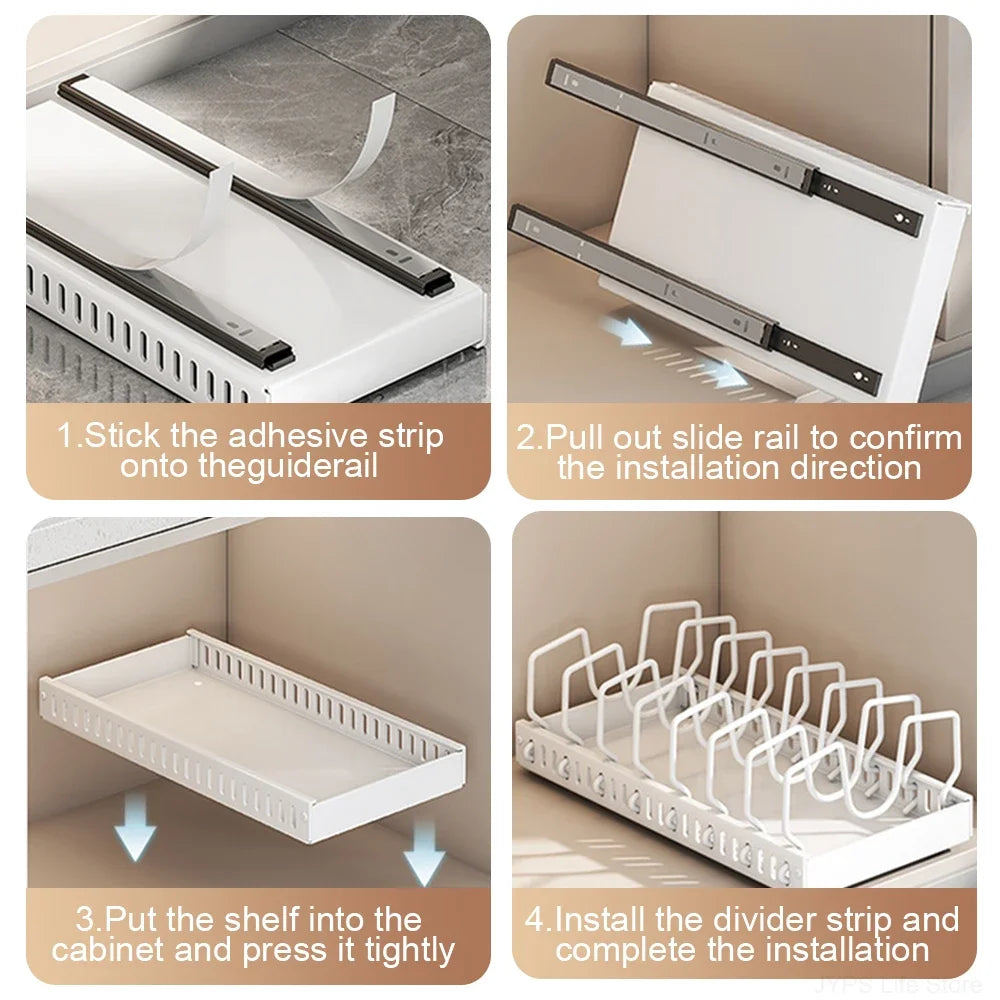 Kitchen Multifunctional Organizer - Pull-Out for Pots/Pans, Sliding Lid Holder, Spice Rack & Dish Drying Racks Drawer Organizer
