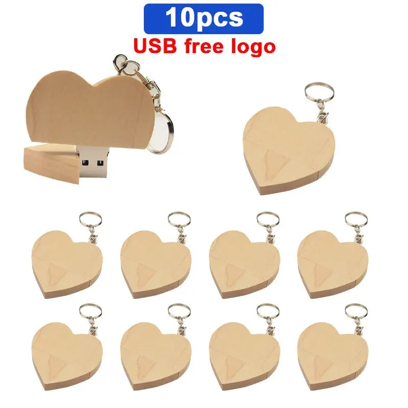 10pcs/lot Free Logo maple Wooden Heart USB + BOX USB Flash Drive Pendrive 64GB 32GB 16GB 8GB U Disk Photography Wedding Gifts
