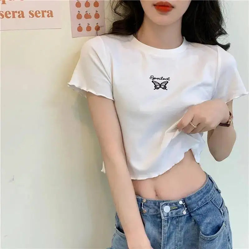 Y2K Crop Top T-shirt Women O-neck High Waist Slim Crop Top Butterfly Embroidered Short-Sleeved Tee Shirt T-shirts  Woman Clothes