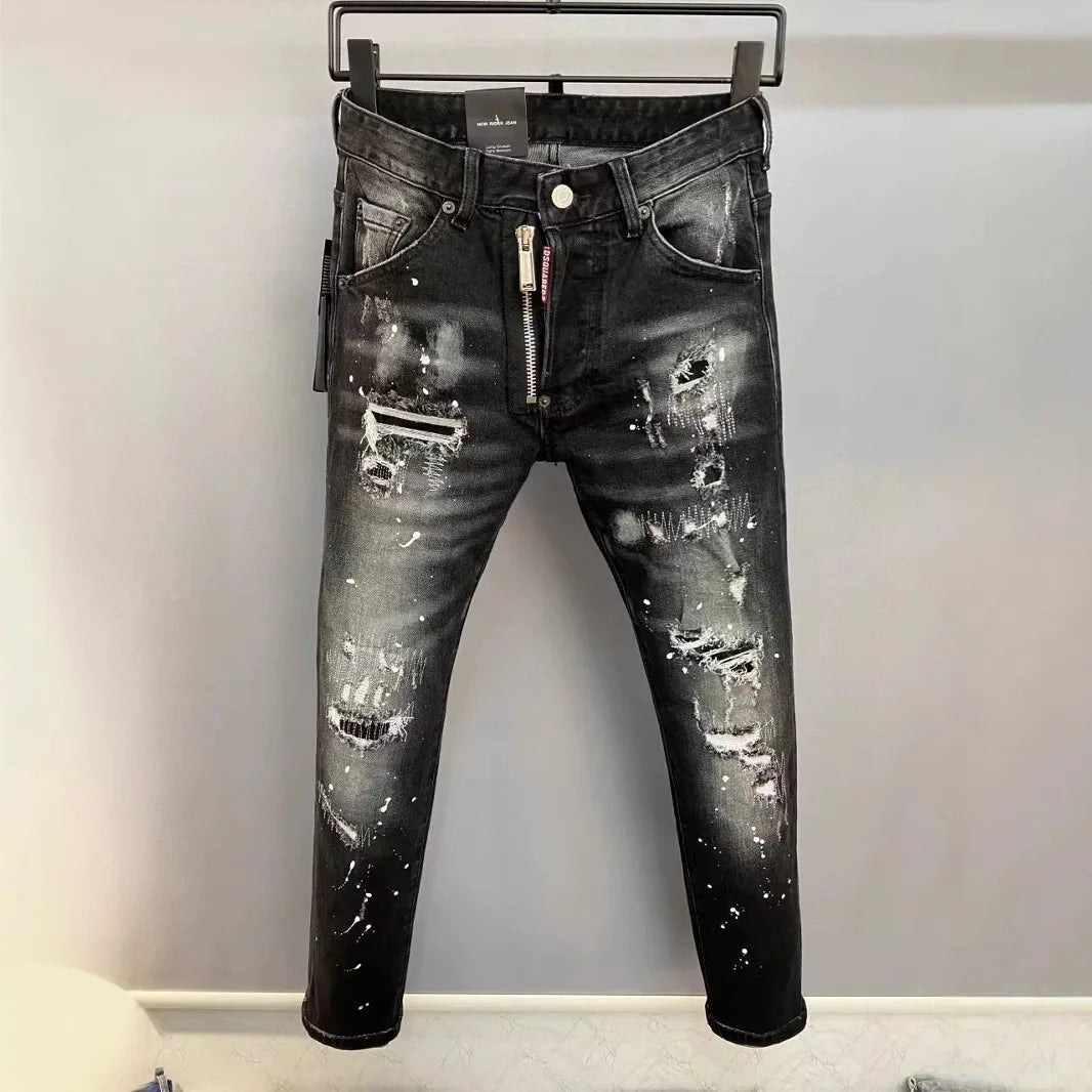 Light Luxury Washed Jeans Men's Trendy Brand Ruffian Handsome Black Ripped Patch Slim Fit Small Feet Casual Long Pants