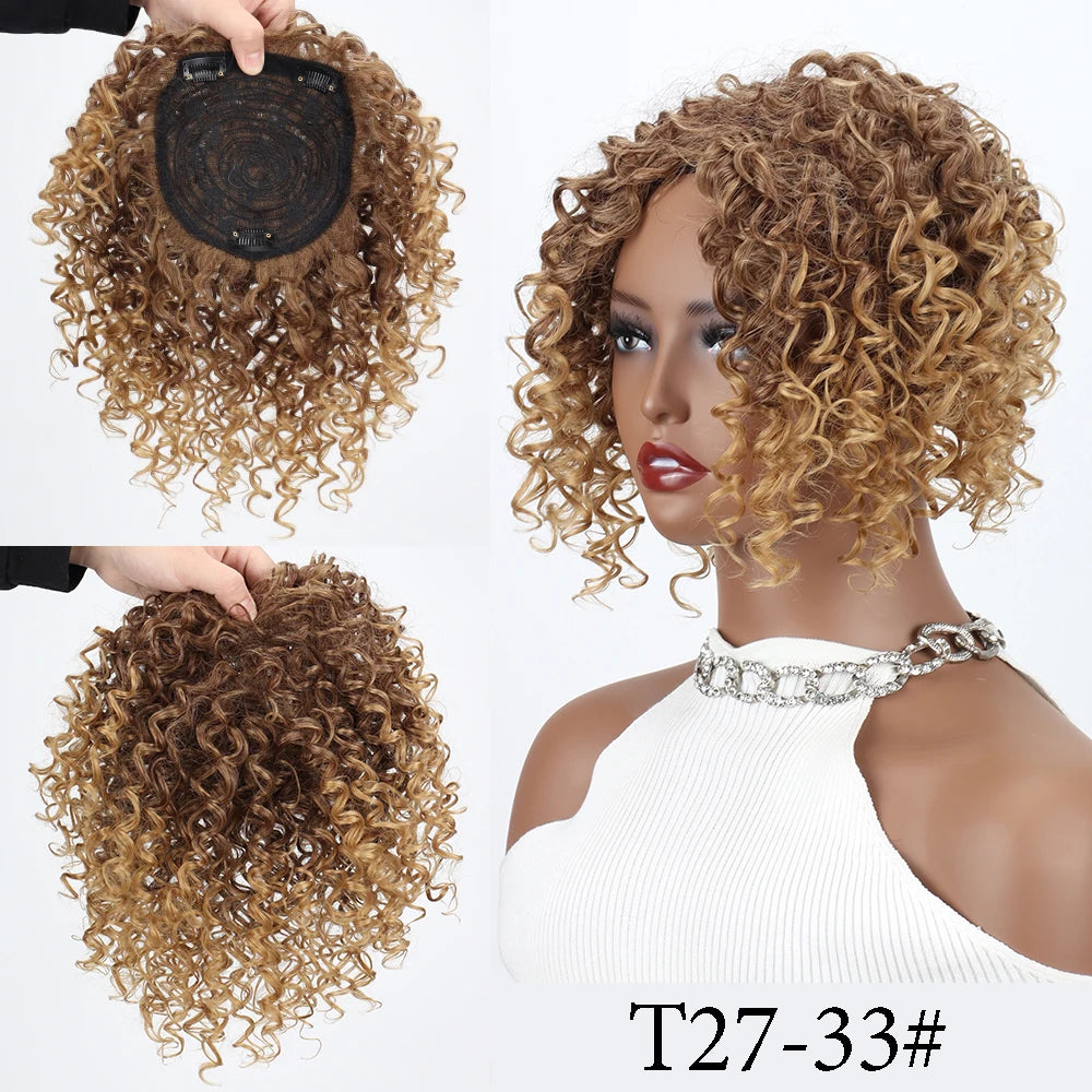 Synthetic Short Afro Curly Hair Toppers Brown Blonde Mixed Color Hair Toupee Hair Piece For Women and Men Increase Hair Volume