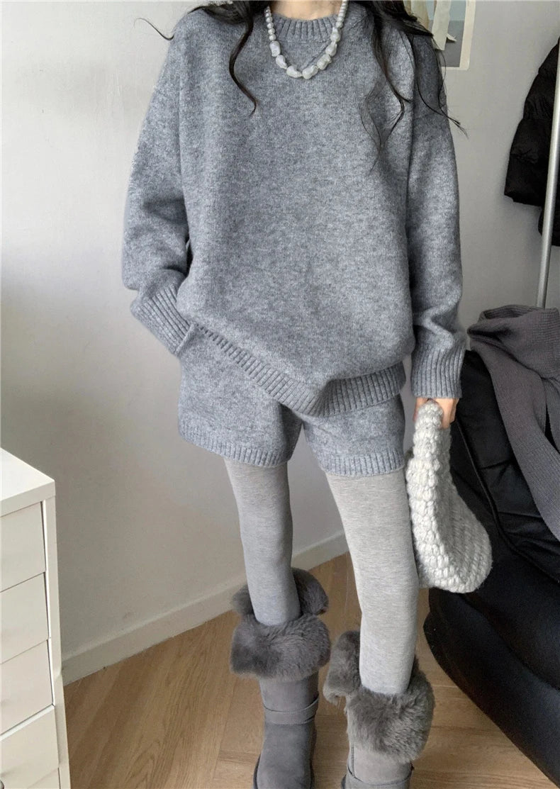 Women Oversized Grey Knit Co-ord Set Autumn Winter Soft Loungewear Minimalist Relaxed Fit Sweater & Shorts 2PCS Outfit Suit