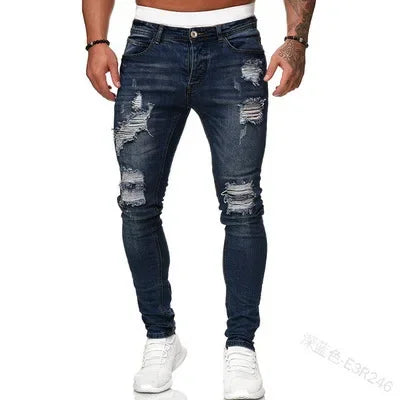 Mens Skinny Ripped jeans Slim scarification Blue Denim Pencil Pants Street hip-hop denim trousers fashion cowboy clothing men