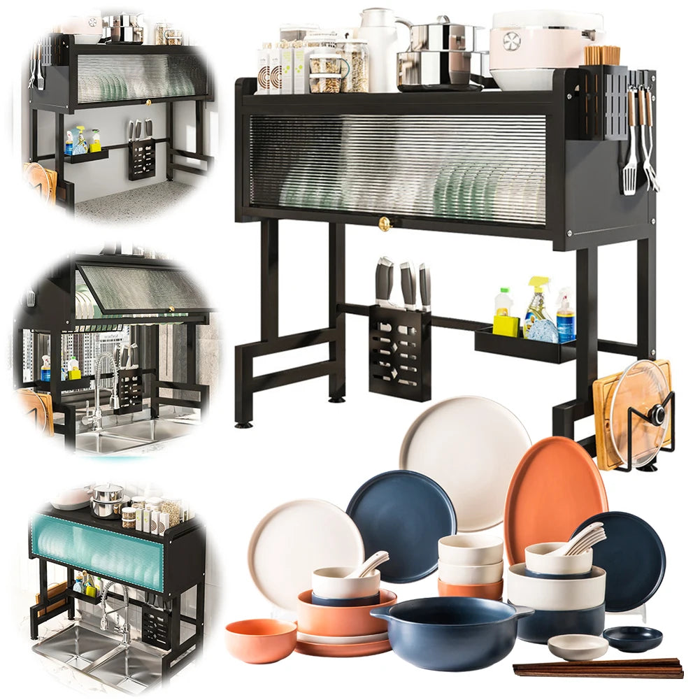 Kitchen Drain Shelf 3-Tier Multi-Functional Kitchen Storage Rack Kitchen Sink Organizer Large Over The Sink Dish Rack with Cover