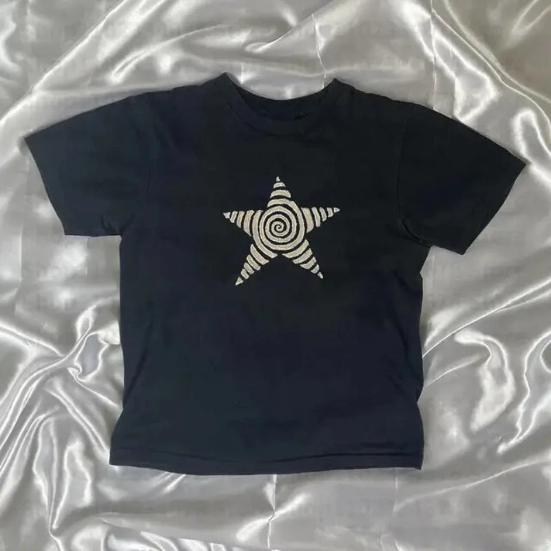 Y2k Crop Top Emo Girl Aesthetic Gothic Punk Streetwear Women Casual 90s Retro Grunge Star Pattern Printed Short Sleeved T-shirt