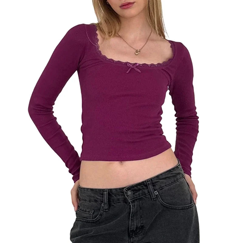 Women Y2k Crop Tops Autumn Spring Long Sleeve Square Neck Ribbed Slim Fitted T-Shirt Aesthetic Fairy Tees Tops Retro Streetwear
