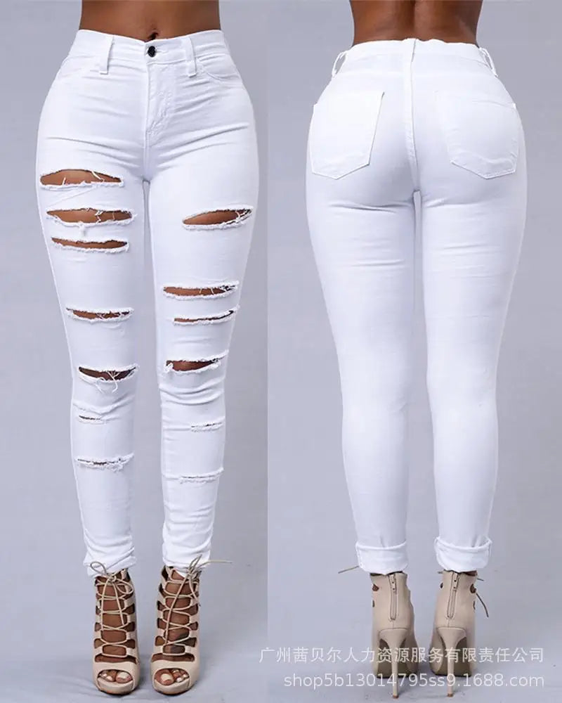 Denim Skinny Ankle-Length Pants Ripped Y2K Women's High Waist Summer Jeans Stretch Ripped Ankle-Tied Denim Trousers Jean
