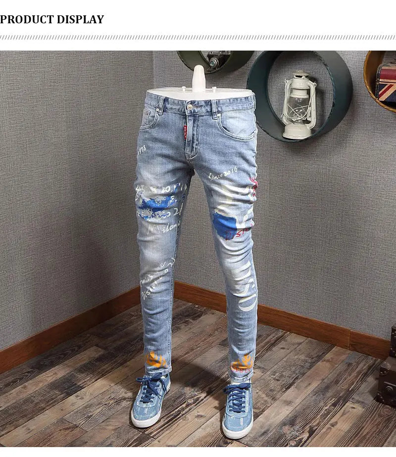 Designer Fashion New Men's Jeans Letter Printed Washed Nostalgic Stretch Slim Fit Retro Light Blue Jeans Hip Hop Brand High Qual