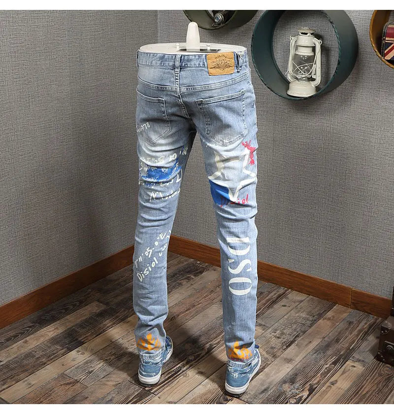 Designer Fashion New Men's Jeans Letter Printed Washed Nostalgic Stretch Slim Fit Retro Light Blue Jeans Hip Hop Brand High Qual