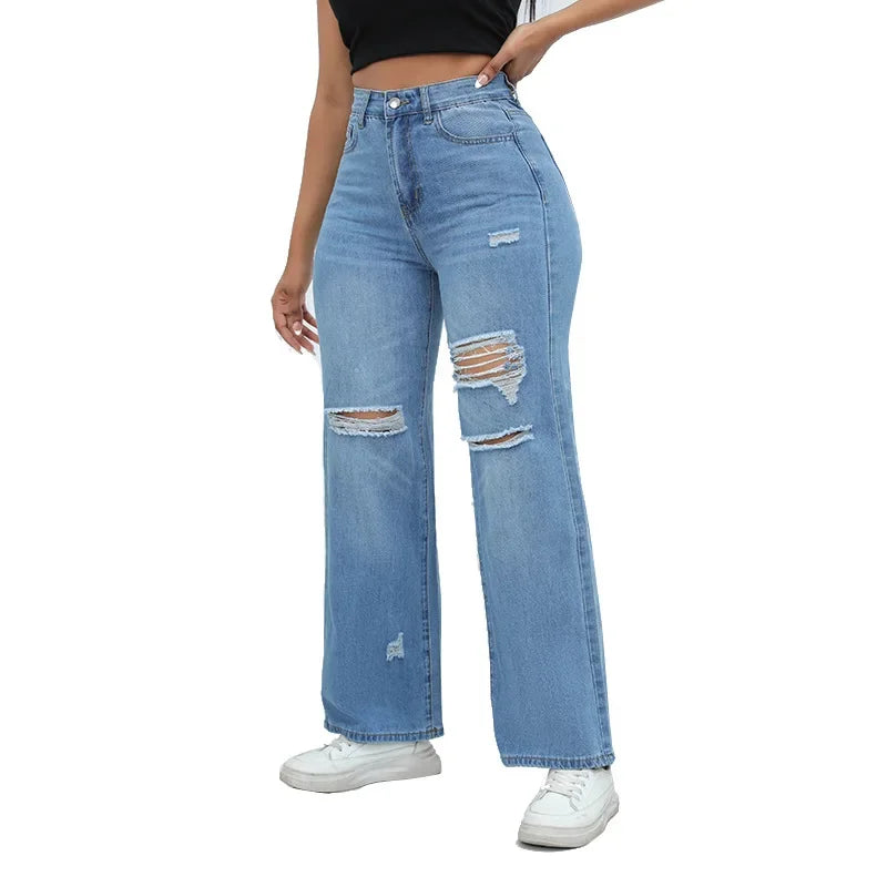 Women'S Ripped Boyfriend Jeans Draping Straight Leg Jeans Korea Ladies Stretch Hole Denim Trousers Button Pocket High Waist Pant