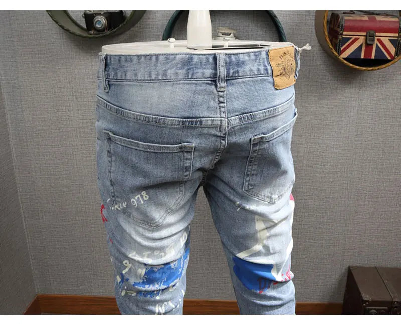 Designer Fashion New Men's Jeans Letter Printed Washed Nostalgic Stretch Slim Fit Retro Light Blue Jeans Hip Hop Brand High Qual