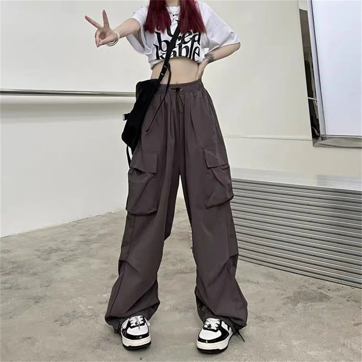 Red Big Pockets Cargo Pants Women High Waist Loose Streetwear Baggy Tactical Trouser Fashion Hip Hop Joggers Trousers Female