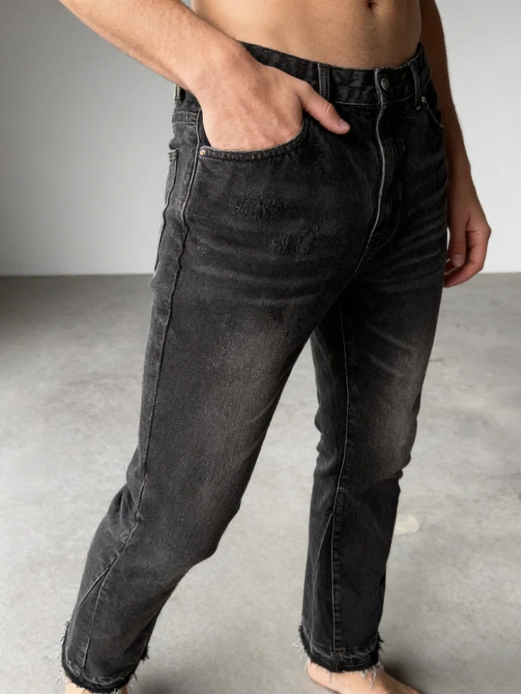Mens Jeans Harajuku Y2K Vintage Slim Fit Washed Denim Pants Hip Hop Gothic Straight Leg Micro Flared Casual Streetwear Fashion