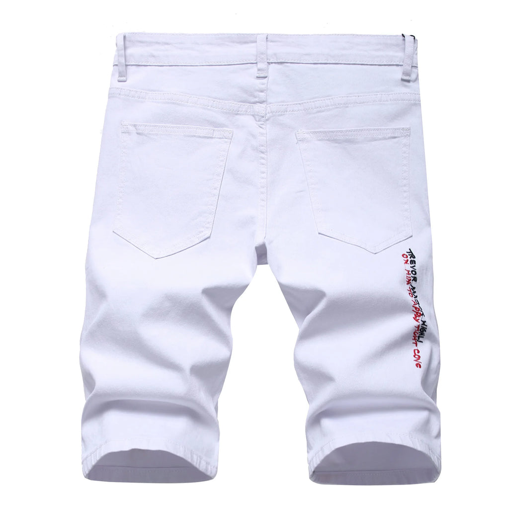 Men Summer White Ripped Denim Shorts Male Holes Short Jeans New Fashion Streetwear Stretch Jeans Shorts Pants Srtaight Fit Jeans