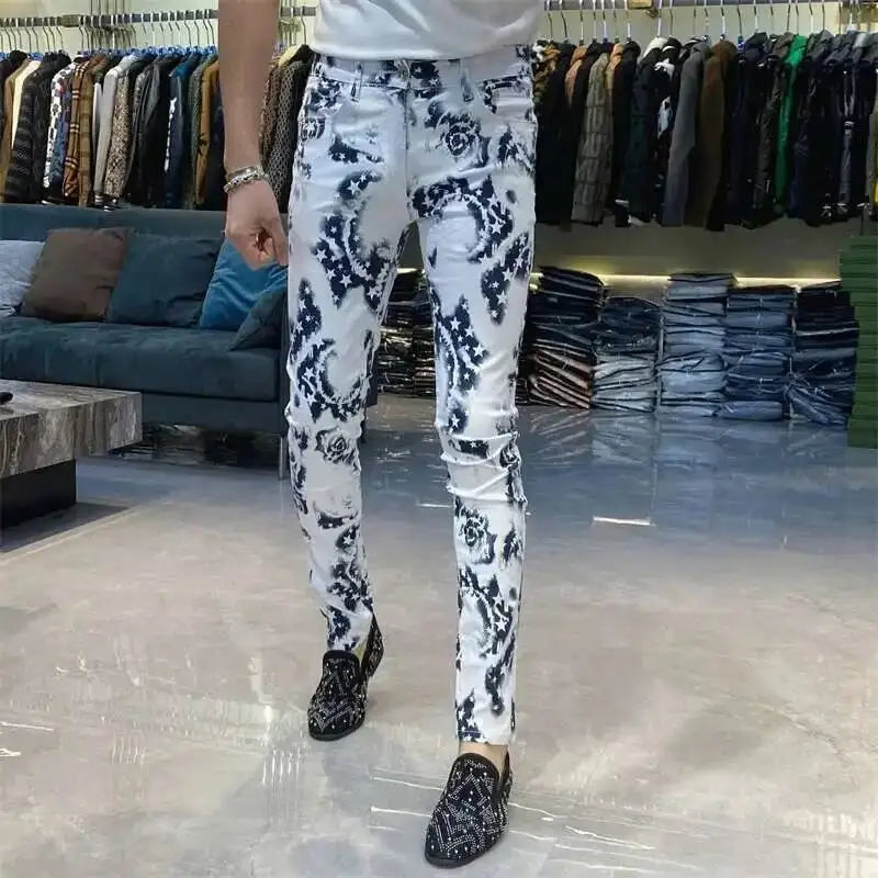 Trendy Men's Slim Fit Jeans Personalized Print Street Elastic Men's Pant Pantalon Homme Punk Denim Long Pants Hip Hop Jeans