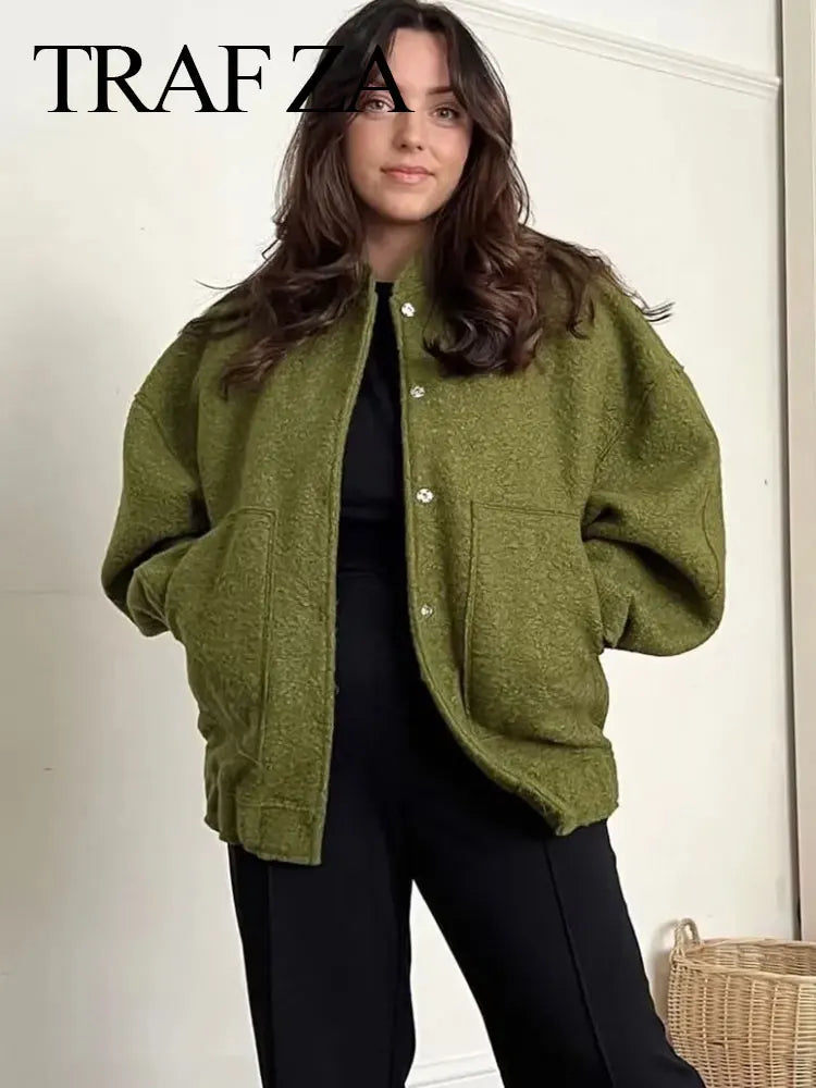 HH Women's Elegant Solid Coat Button Long Sleeve Pocket Bomber 4-Color Jacket Female Spring Casual Loose Streetwear Coats