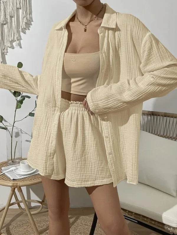 100% Cotton Gauze Muslin Sets For Women 2 Pieces Long Sleeve Shirts And Loose High Waist Mini Shorts Sets Ensemble Femme