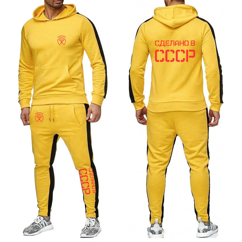 CCCP Russian 2024 New USSR Soviet Union Men Moscow Russia Hoodies Casual Solid Color Pullover Long Pant 2-piece Set Sports Suit