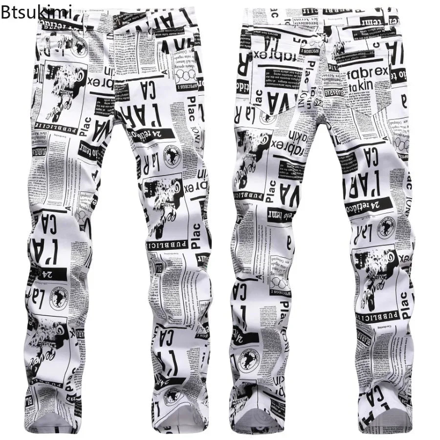 2026 Street Style Men’s Slim Stretch Jeans Trend Newspaper Full Print Personalized Stylish Sexy Denim Pants Men Casual Trousers