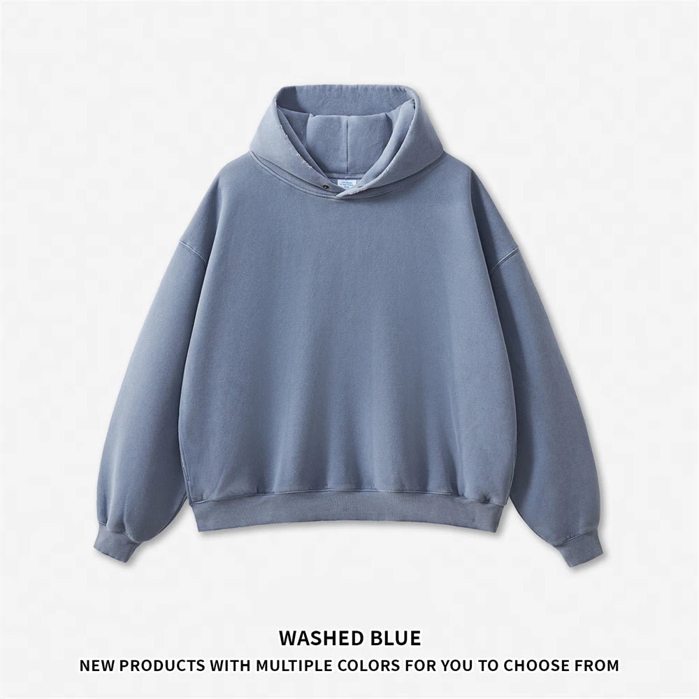 ZODF Vintage 350gsm Man Washed Boxy Fleece Hoodie Unisex Loose Ripped Warm Button Winter Hooded Pullovers Brand Clothing HY0053