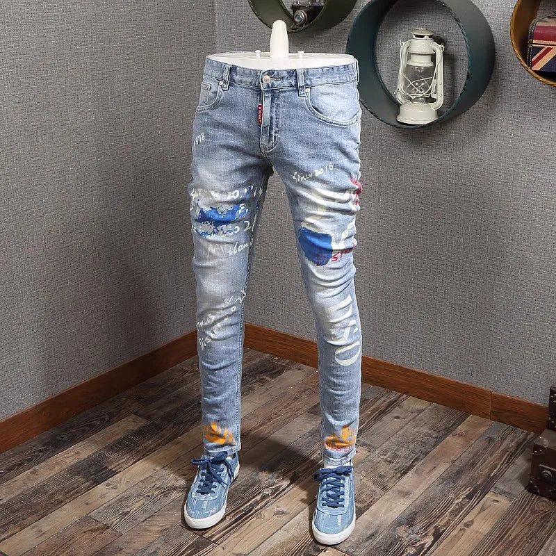 Designer Fashion New Men's Jeans Letter Printed Washed Nostalgic Stretch Slim Fit Retro Light Blue Jeans Hip Hop Brand High Qual