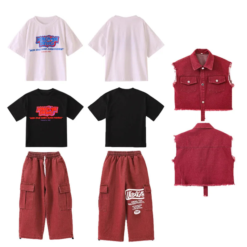 Hip Hop Girls Cool Denim Vest Burr Edge Cargo Jeans Clothes Sets Boys Jazz Street Dance T-shirt Child Kids Streetwear Costumes