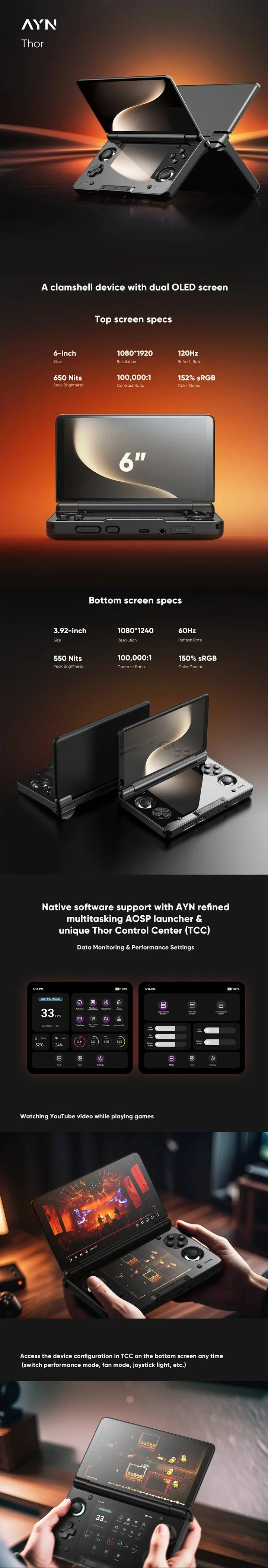 In stock AYN Thor 6'' OLED Dual Screen Gaming Handheld Qualcomm Snapdragon CPU Android13 6000mAh Battery Hall Stick Game Console