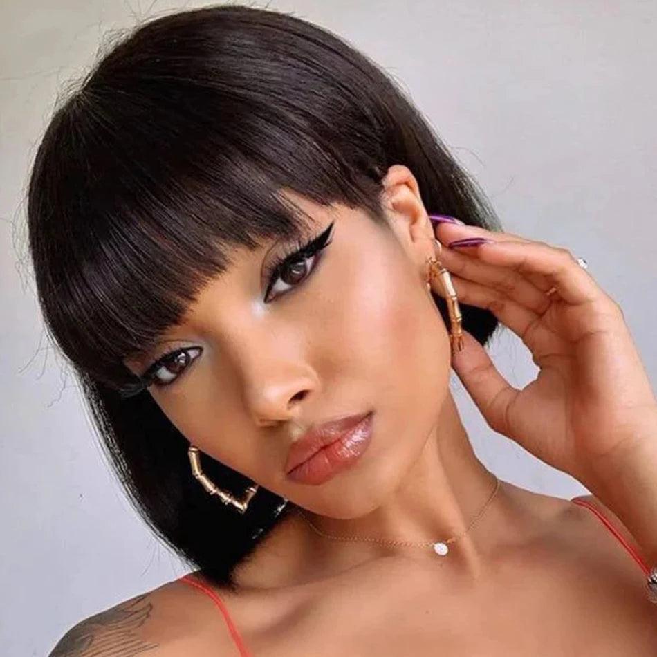 Peruvian Hair Straight Bob Non Lace Wigs 100% Human Hair Wig With Bang Natural Color Short Inch Bob Lace Wig For Black Women