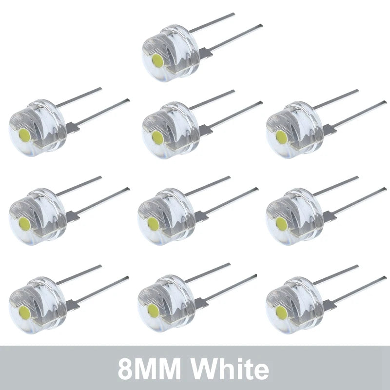 10/100PCS NEW F8 8mm 0.5W 3.0-3.2V Straw hat LED White Super bright LED lamp Wide Angle Transparent LED Lamp Strawhat LED