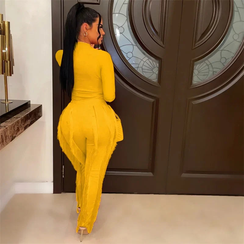 Elegant 2 Piece Sets Women Outfit 2025 Fall Winter Long Sleeve Bodysuit Top and Tassel Pants Matching Sets Ensembles Pantalons