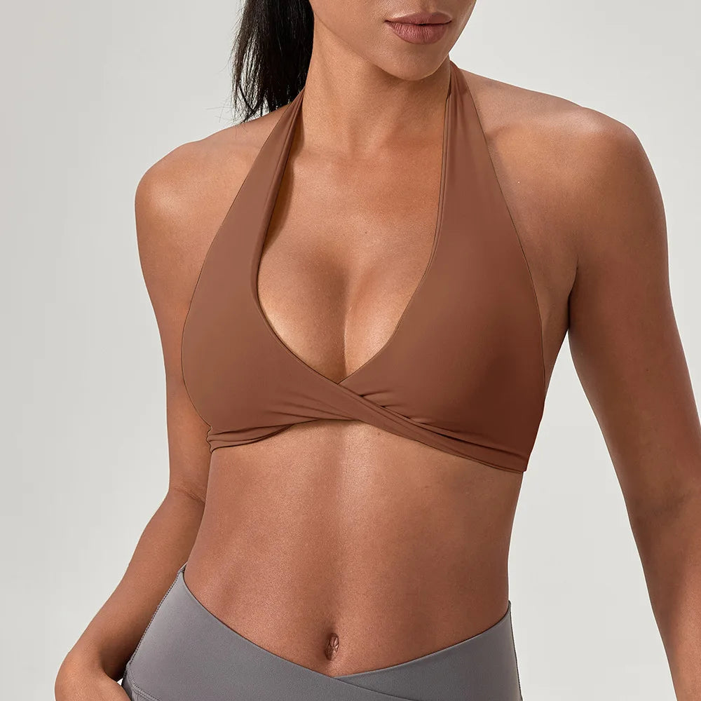 Strappy Bra for Women Open Back Halter Sports Bra Light Support Gym Crop Top Seamless Workout Yoga Top Bra Padded Bras