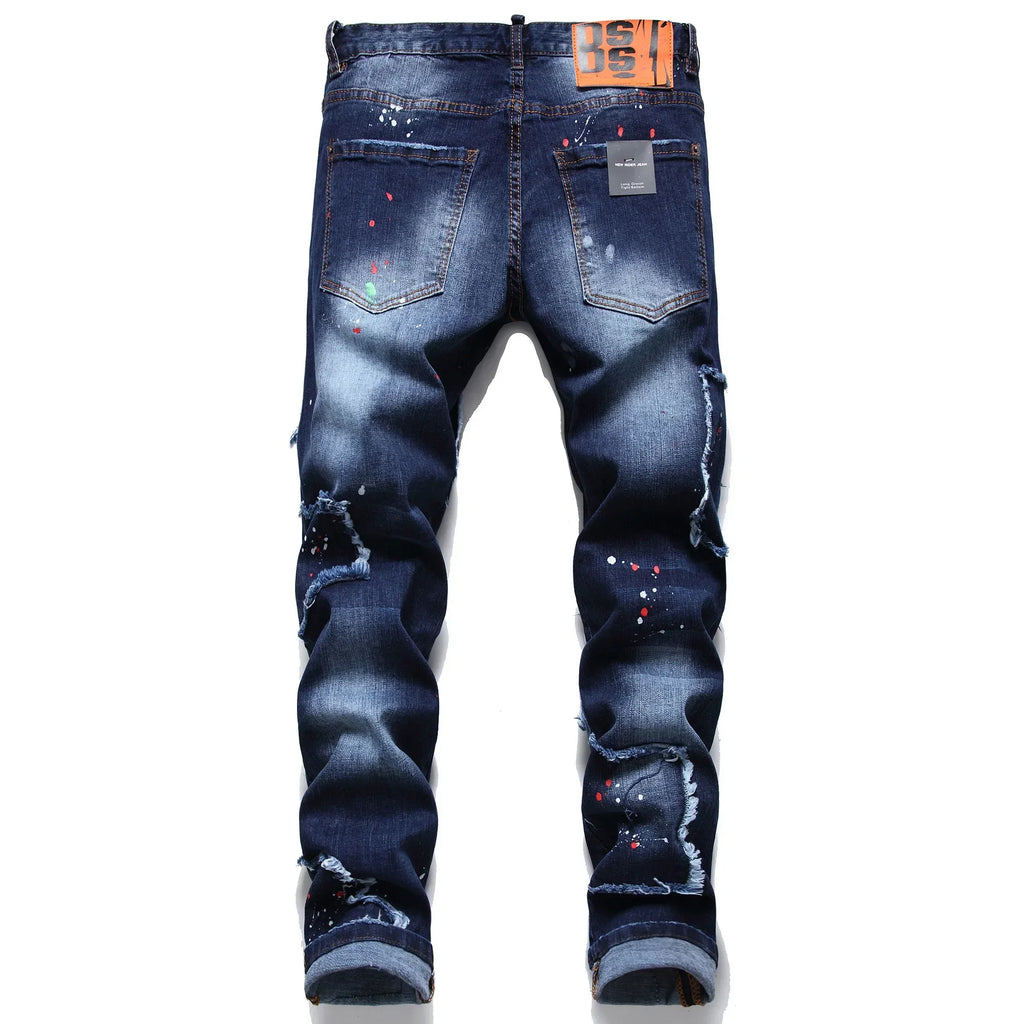 Men Ripped Skinny Denim Jeans Blue Holes Jeans Italian Style Stretch Denim Pants High Quality Male Slim Fit Denim Trousers  38