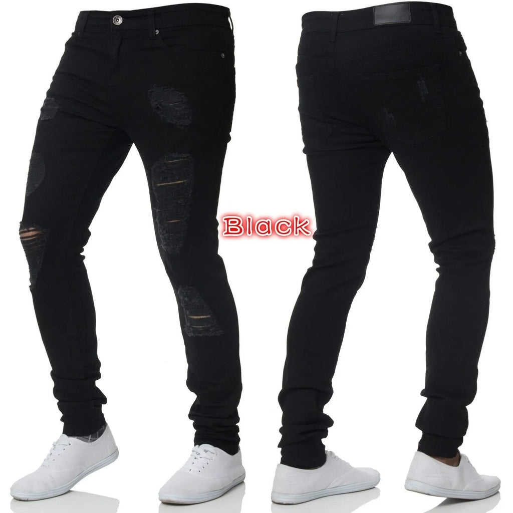 Mens Skinny Ripped jeans Slim scarification Blue Denim Pencil Pants Street hip-hop denim trousers fashion cowboy clothing men
