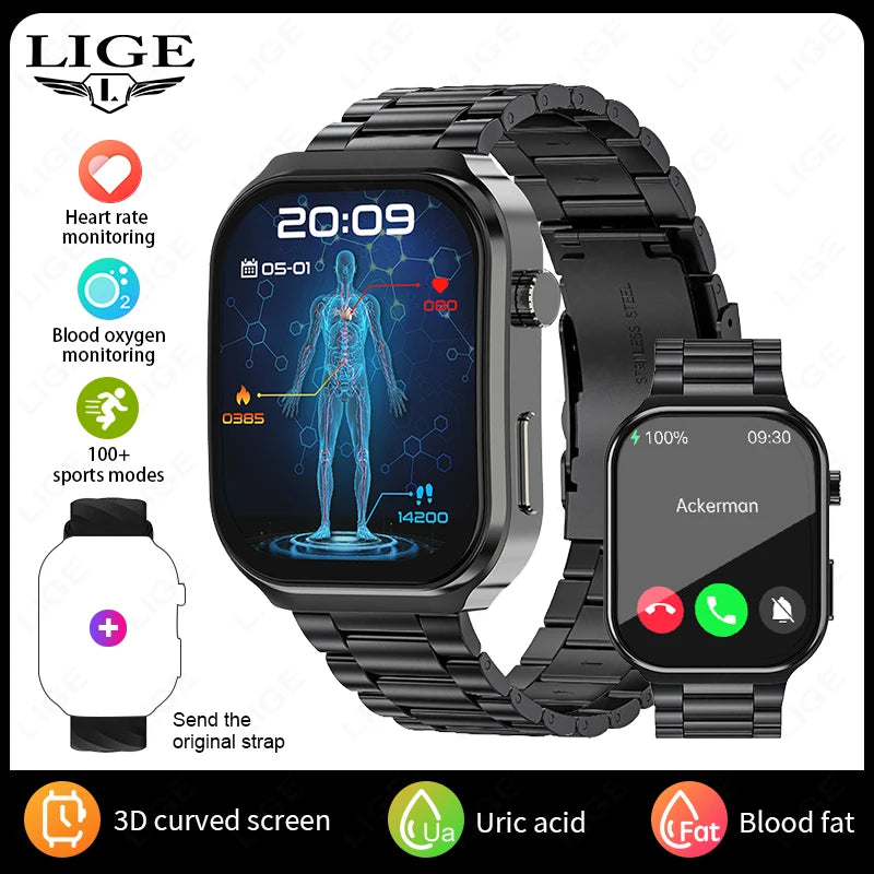 LIGE New AI Healthy Diagnose Smart Watch 2.2" Curved Screen Women Men Blood Lipid Uric Acid Heart Rate Health Tracker Smartwatch