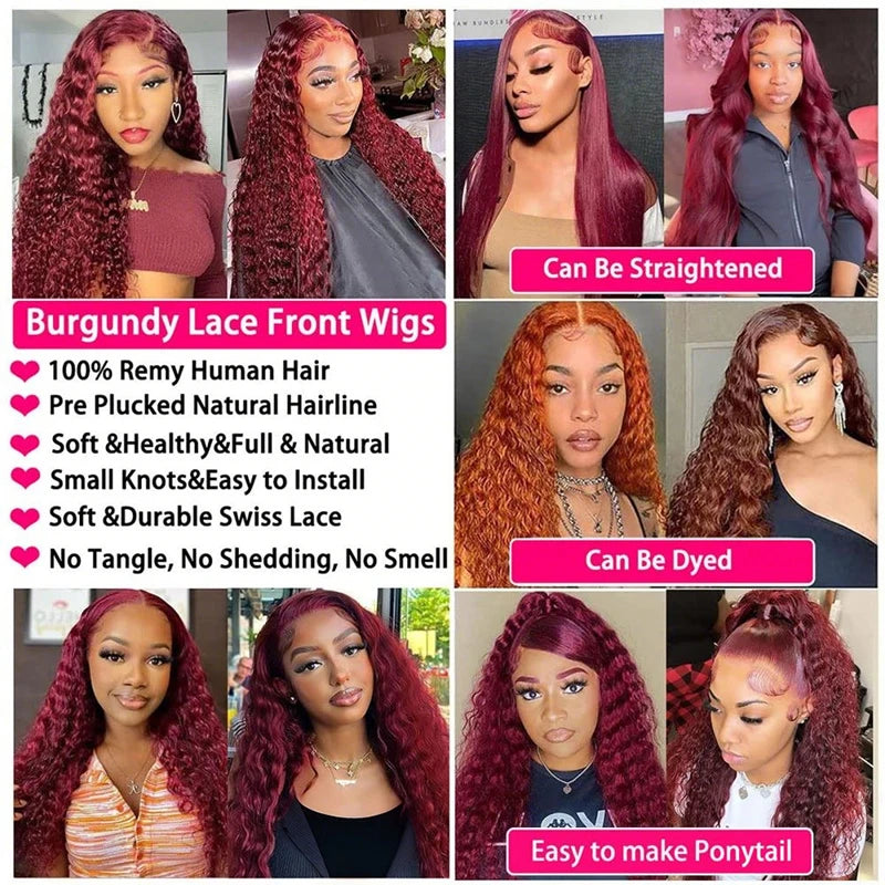 99j Burgundy 13x4 Hd Lace Frontal Human Hair Wig 30 Inch Red Colored Brazilian Deep Wave Wigs 13x4 Water Wave Curly Frontal Wig