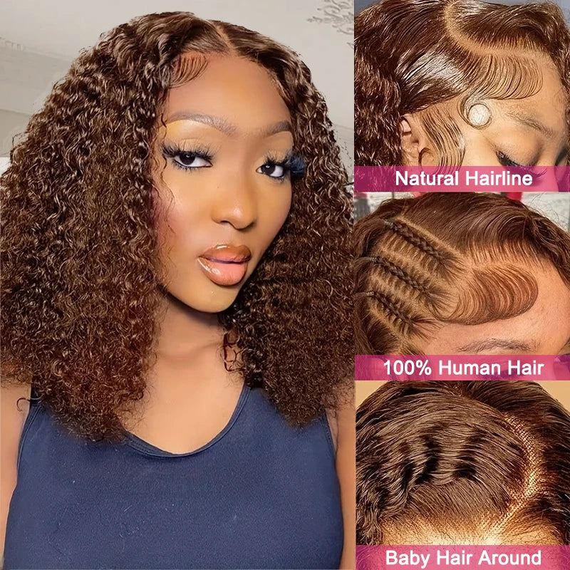 Kinky Curly Brown Deep Wave Short Bob Wig 13x4 Chocolate Bob Wig 16Inch  Brazilian HD Transparent Lace Human Hair Short Wig