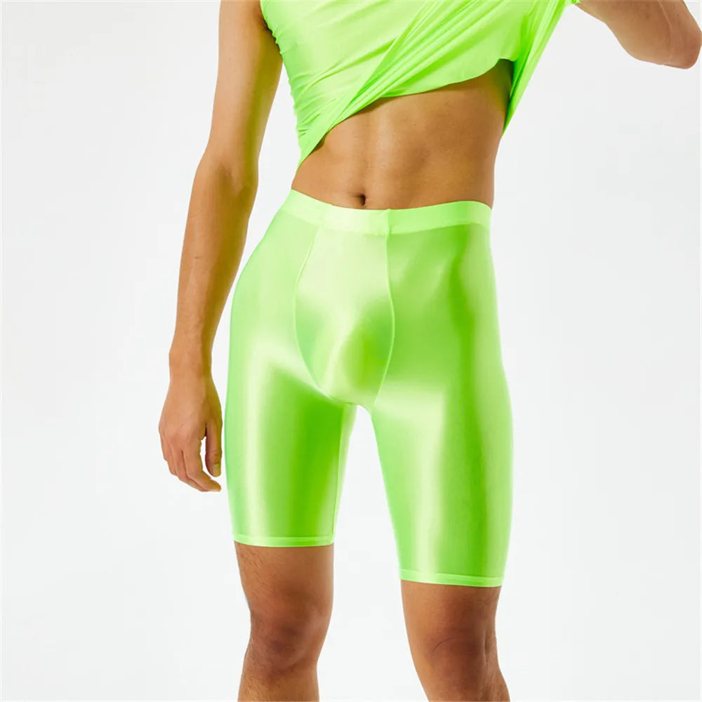 Men Oil Shiny Shorts gym Shapewear Ice Silk High Elastic Sexy Boxer Tight Shape U Pouch Sheath Man Shorts Smooth Candy Color