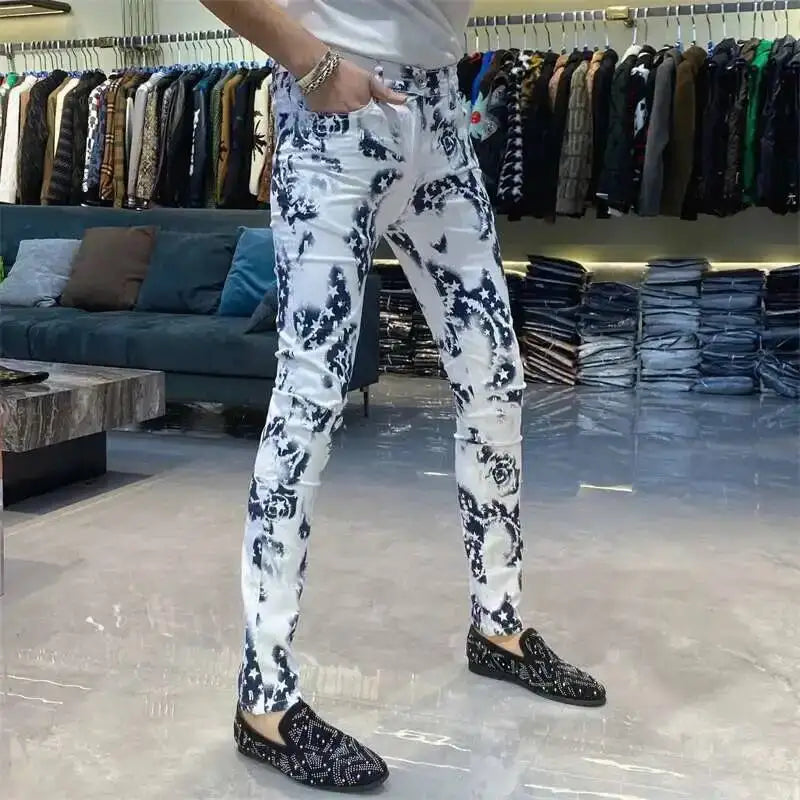 Trendy Men's Slim Fit Jeans Personalized Print Street Elastic Men's Pant Pantalon Homme Punk Denim Long Pants Hip Hop Jeans