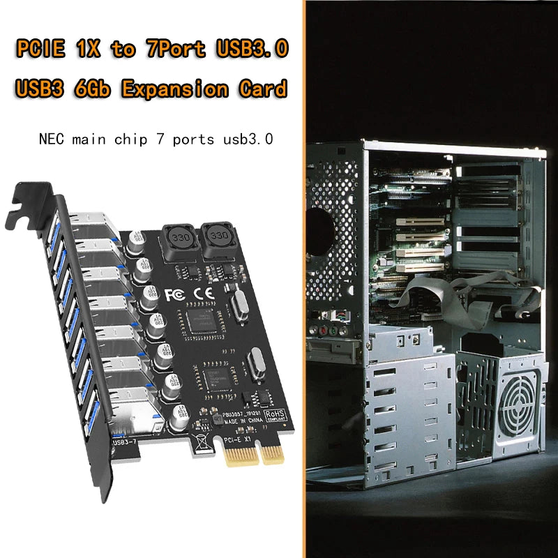 NEW 7 Port USB 3.0 PCI Express X1 Expansion Card PCI-E PCI E USB 3.0 Board USB3 6Gbps Adapter Controller NEC Chip for Desktop PC