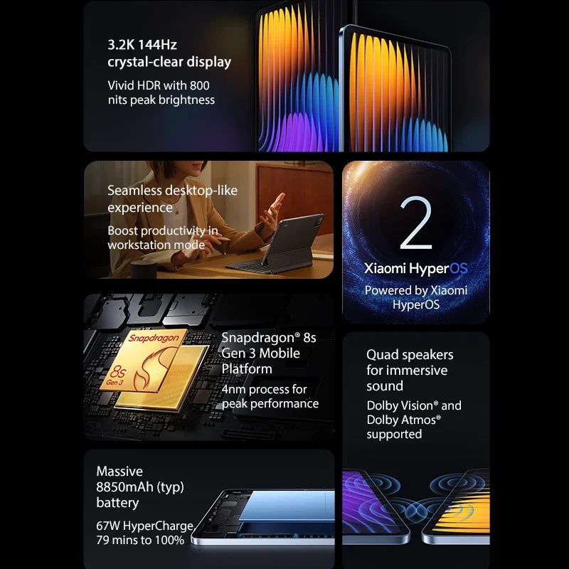 Xiaomi Pad 7 Pro Global Version Mi Tablet Snapdragon 8s Gen 3 Adreno GPU 11.2" 3.2K 144Hz Display 67W HyperCharge 8850mAh