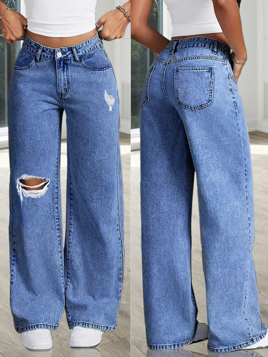 2025 New Washed Ripped Wide-leg Jeans, Fashionable and Casual High-waisted Floor-length Jeans for Women in Spring and Summer