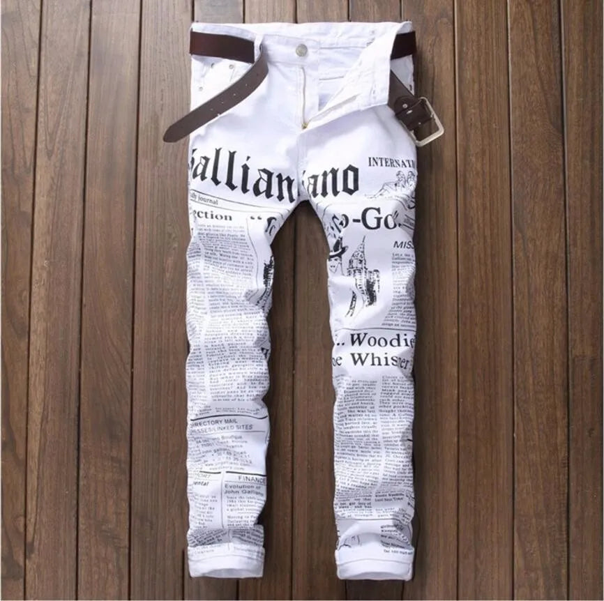 New Men Jeans Slim Fit Biker White Jeans Trousers Skinny Jeans Punk Letter Printing Denim Pants Plus Size 42 Dropshipping