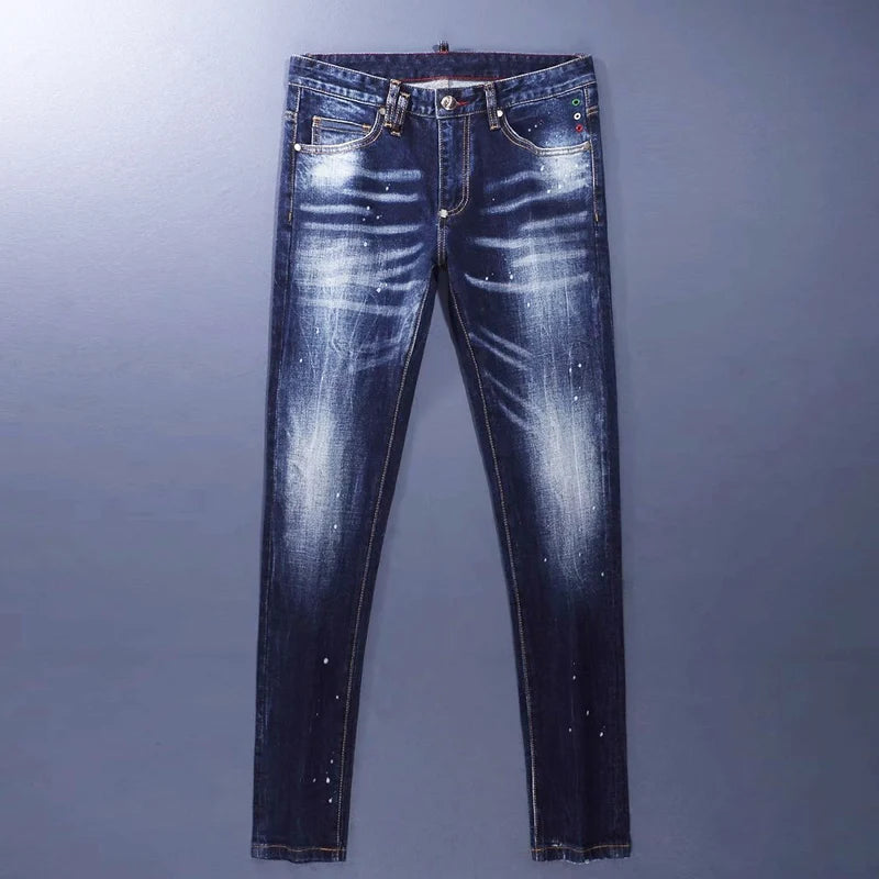 Designer Fashion Men Jeans High Quality Retro Blue Stretch Slim Fit Painted Ripped Jeans Men Brand Vintage Denim Pants Hombre