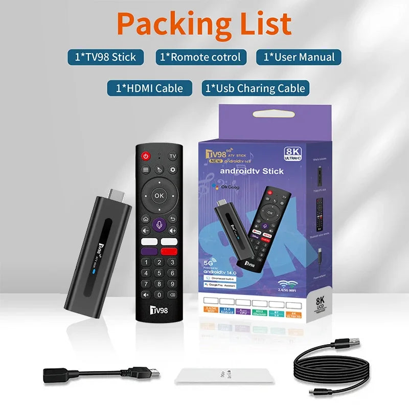 TV98 ATV Stick Smart Android 14 Quad Core Allwinner H313 Dual WiFi 5G 4G HD 8K 4K Media Player BT5.0 Voice remote streaming iptv