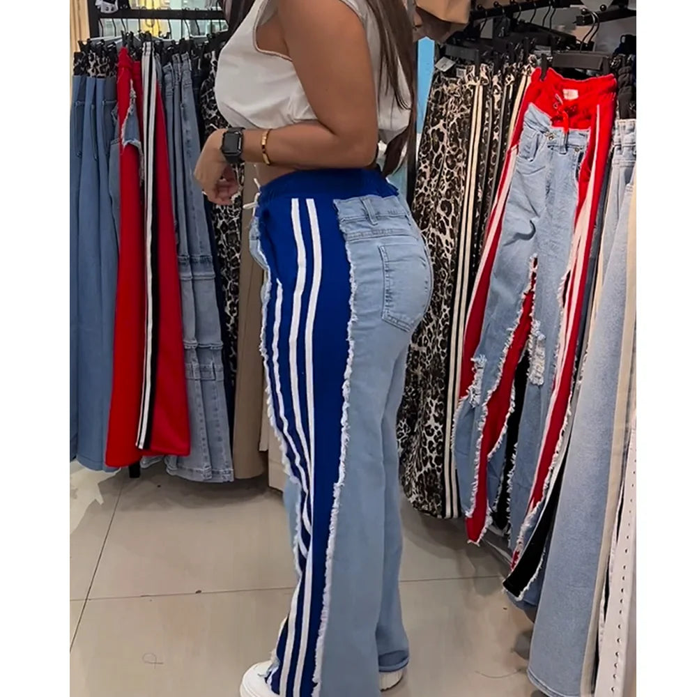High Waist Ripped Jeans Women Colorblock Contrast Distressed Patchwork Pants Streetwear Wide Leg Long Stretch Denim Jeans