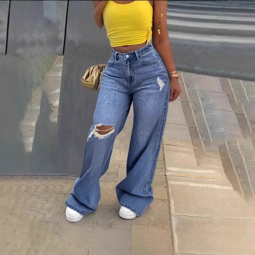 2025 New Washed Ripped Wide-leg Jeans, Fashionable and Casual High-waisted Floor-length Jeans for Women in Spring and Summer