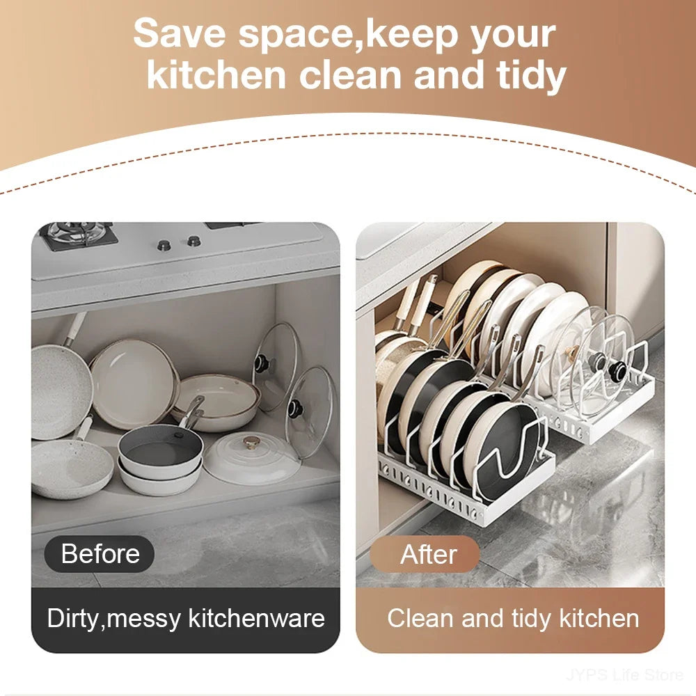 Kitchen Multifunctional Organizer - Pull-Out for Pots/Pans, Sliding Lid Holder, Spice Rack & Dish Drying Racks Drawer Organizer