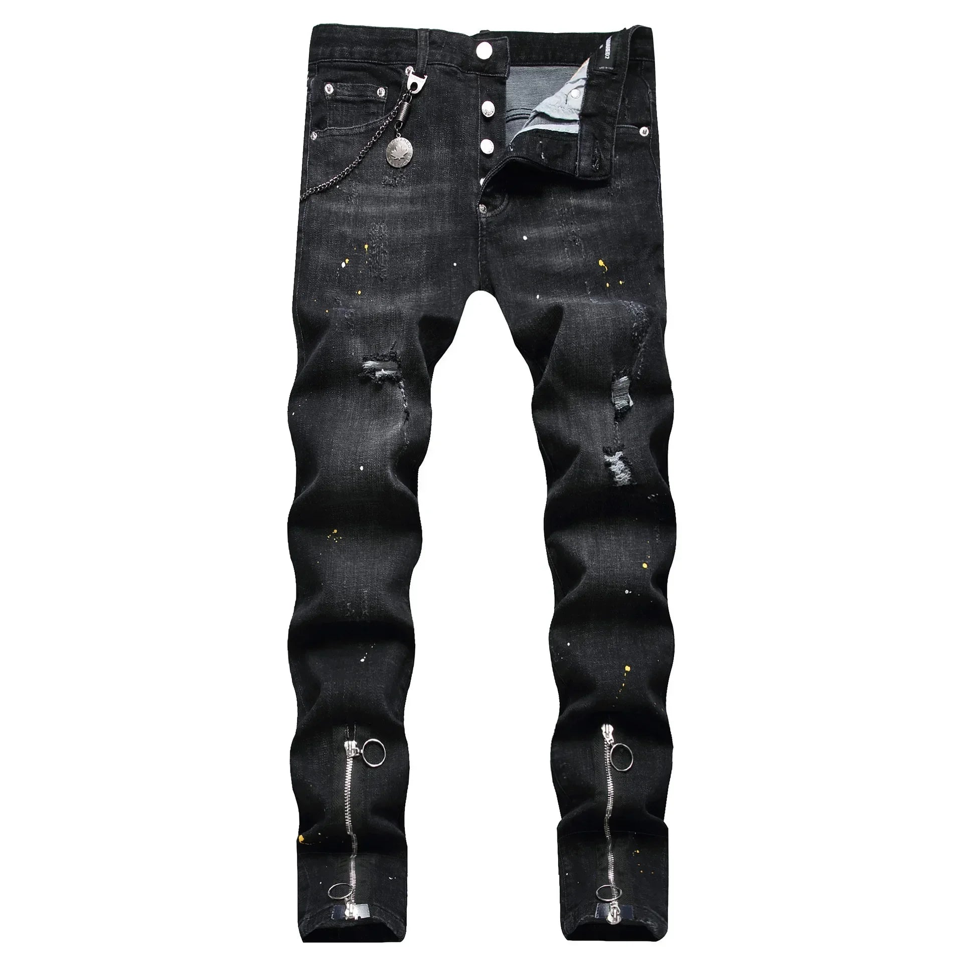 Men Black Ripped Denim Jeans Italian High Street Style Holes Jeans Denim Pants High Quality Male Slim Fit Denim Trousers Size 38