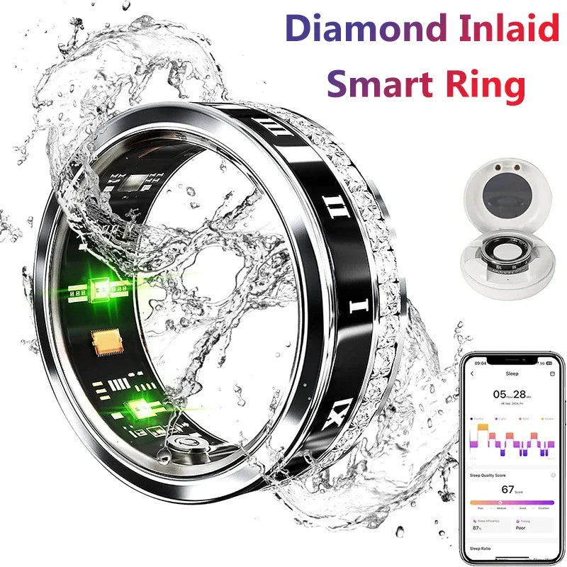 Diamond Smart Ring for Men Women Heart Rate Blood Oxygen Sleep monitoring IP68 Waterproof Sport Modes Ring For Android IOS